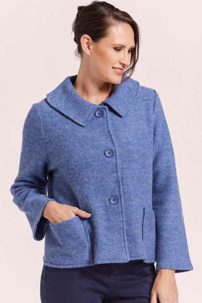 A blue collared jacket made from 100% boiled wool from Australian fashion label, See Saw