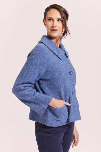 A blue collared jacket made from 100% boiled wool from Australian fashion label, See Saw