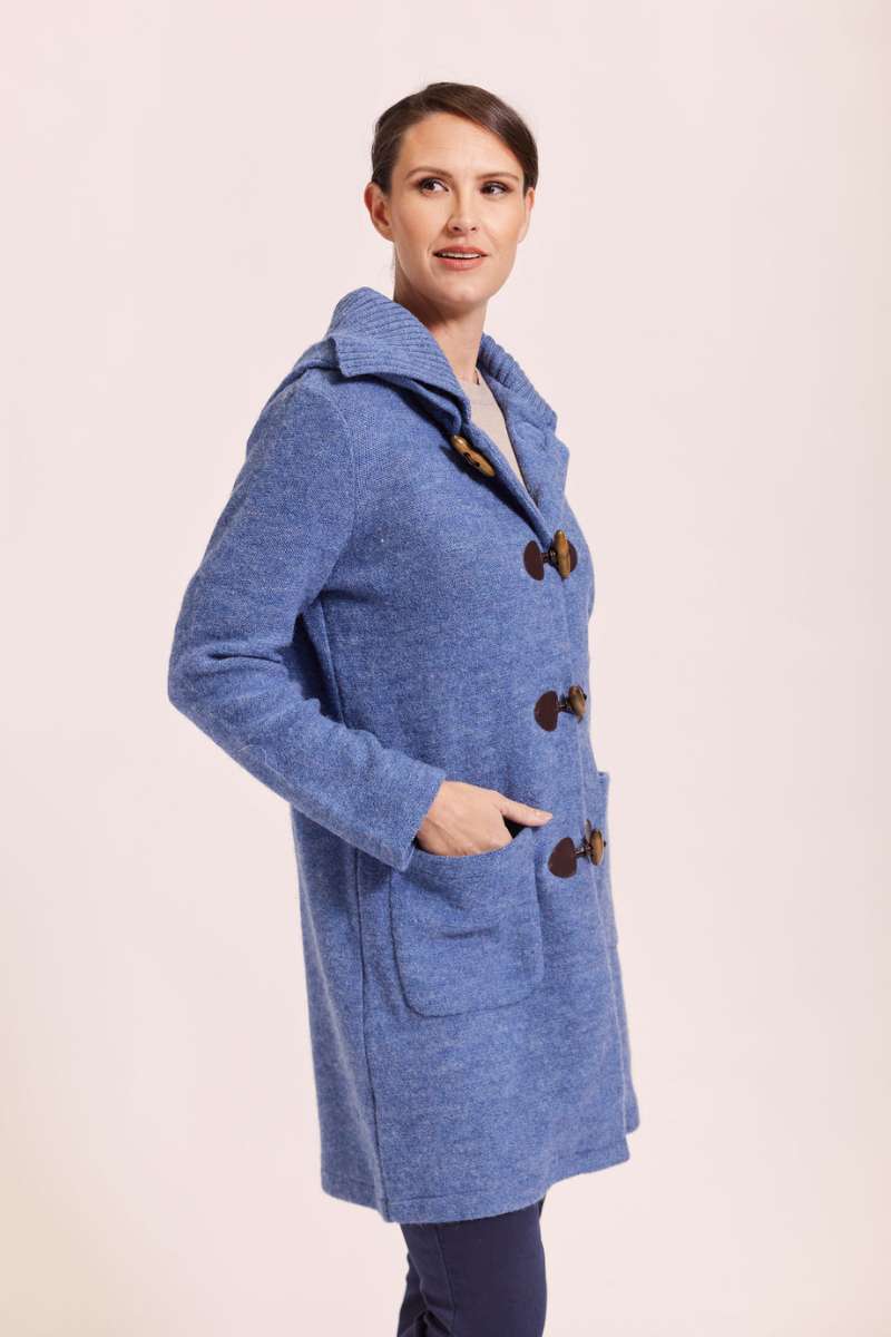 Blue duffle rib collared coat in 100% boiled wool by Australian fashion label, See Saw