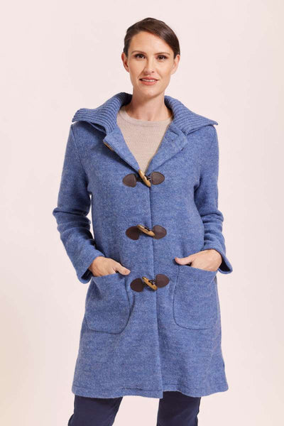 Blue duffle rib collared coat in 100% boiled wool by Australian fashion label, See Saw
