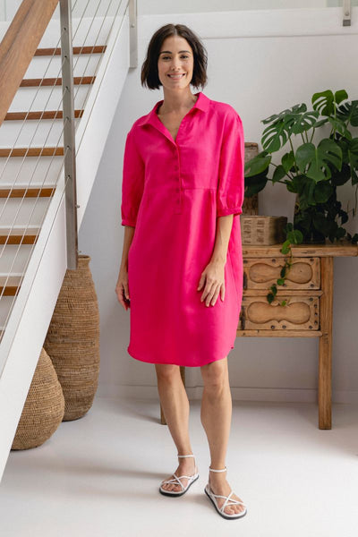 See Saw 100% Linen hot pink dress with buttons and collar