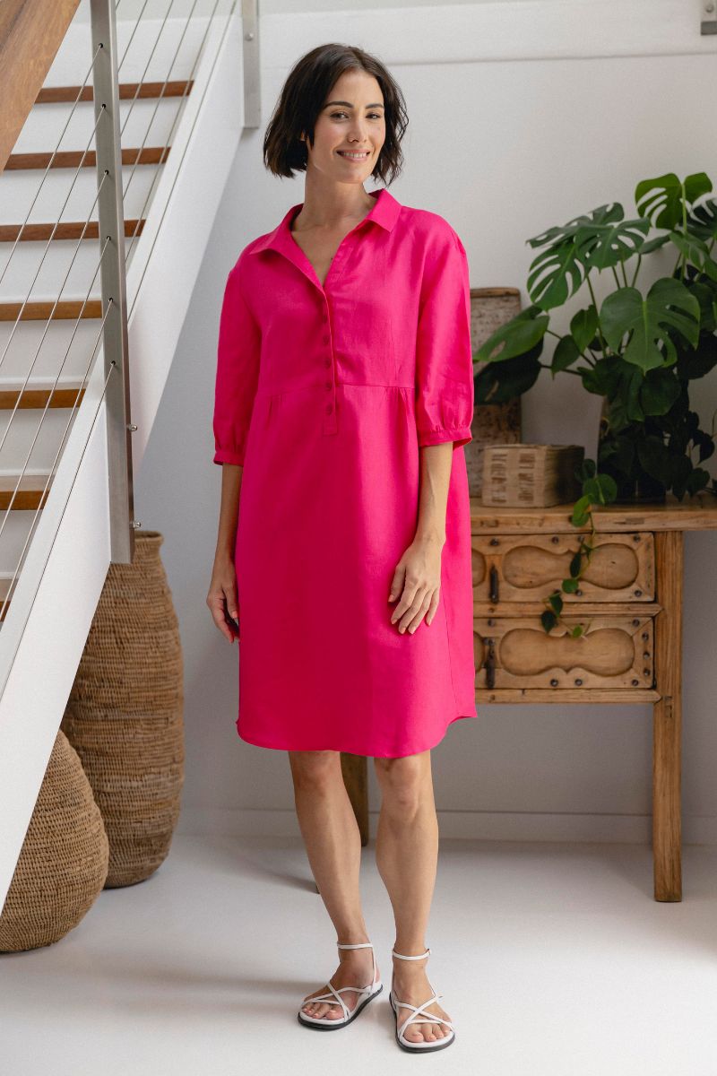 See Saw 100% Linen hot pink dress with buttons and collar