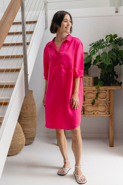 See Saw 100% Linen hot pink dress with buttons and collar