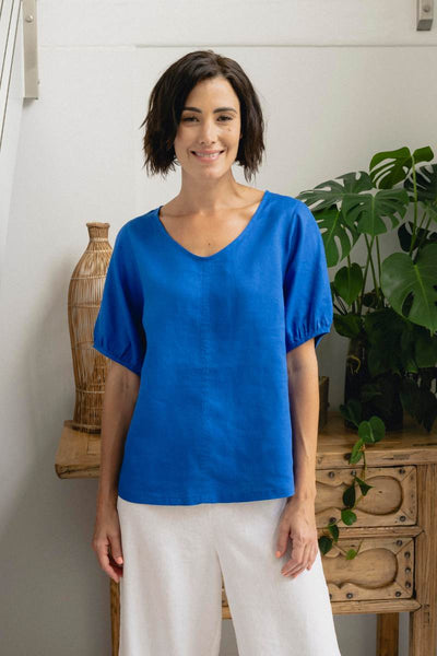 A 100% linen top in a bright blue colour by Australian fashion brand, See Saw