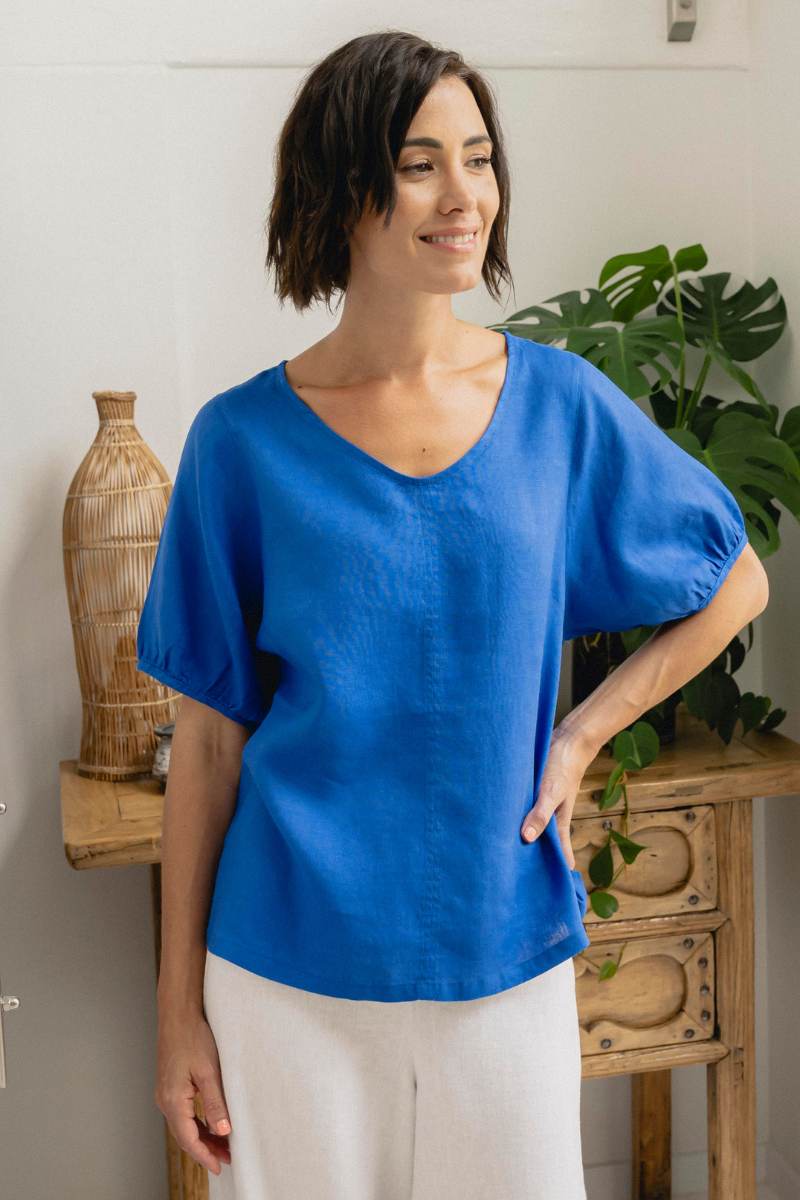 A 100% linen top in a bright blue colour by Australian fashion brand, See Saw