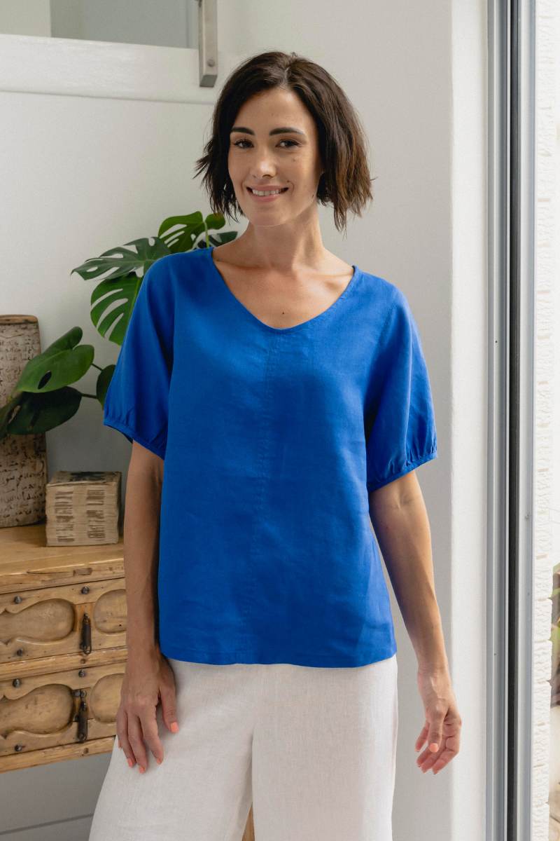 A 100% linen top in a bright blue colour by Australian fashion brand, See Saw