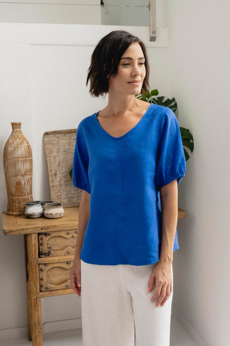 A 100% linen top in a bright blue colour by Australian fashion brand, See Saw