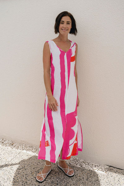 See Saw Pink and Orange V Neck Dress