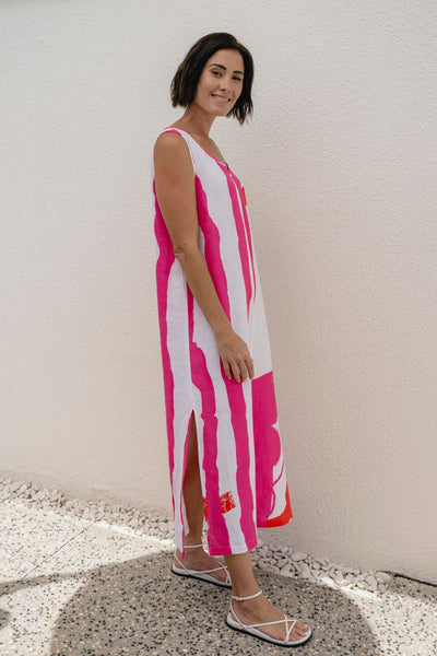 See Saw Pink and Orange V Neck Dress