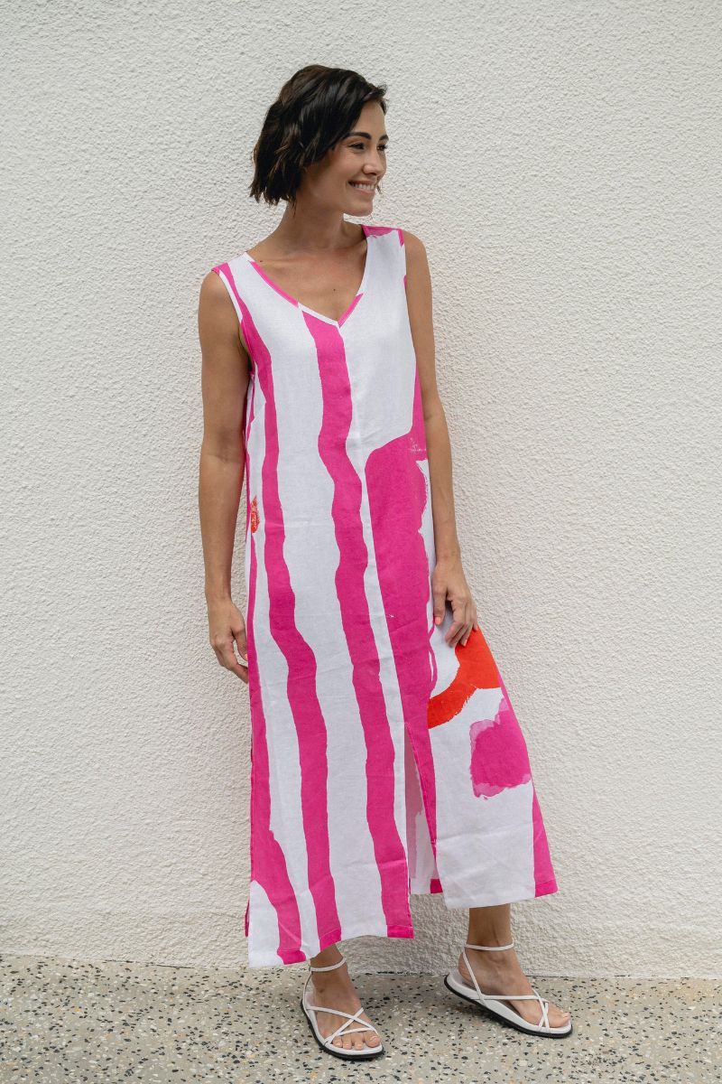 See Saw Pink and Orange V Neck Dress