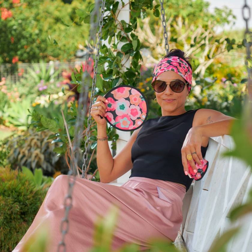 Model with midnight bloom twist fan and matching headband