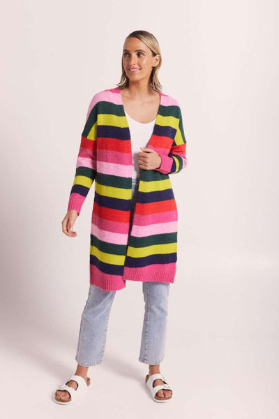 Wool blend open cardigan in jungle boogie stripe by Wear Colour, a sister brand of See Saw