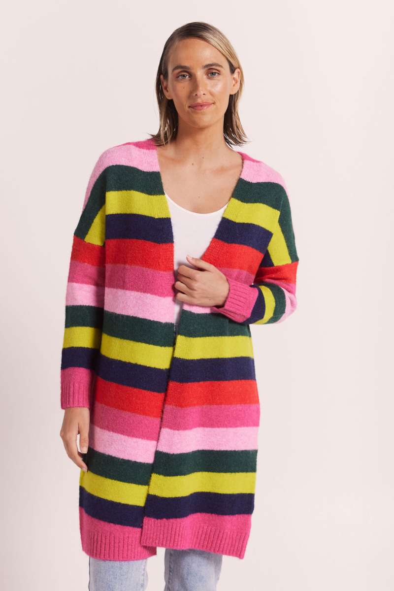 Wool blend open cardigan in jungle boogie stripe by Wear Colour, a sister brand of See Saw