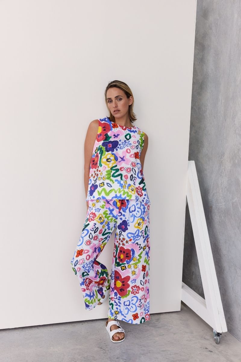 Wear Colour in Floral Print Button Back Top in 100% Linen - Designed in Australia