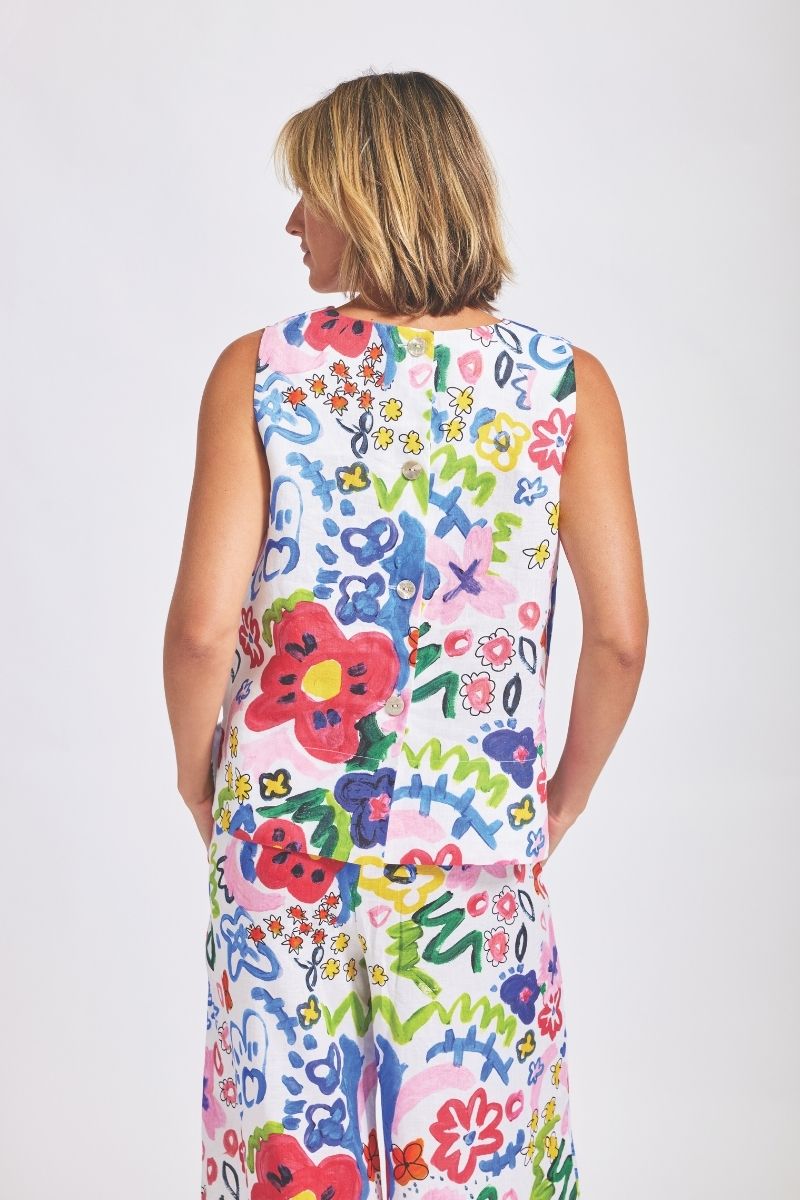 Wear Colour in Floral Print Button Back Top in 100% Linen - Designed in Australia