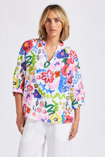 A half sleeve 100% linen top with a bright floral design by Wear Colour (sister brand to See Saw), designed in Australia