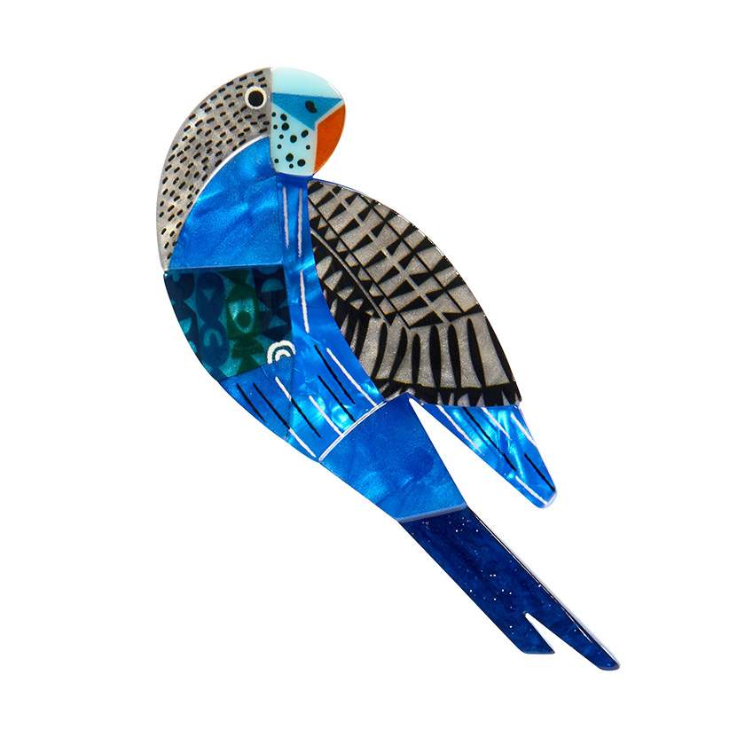 A Budgie Named Chirp brooch by Erstwilder from their 2024 Clare Youngs collection