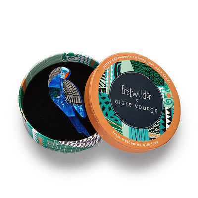 A Budgie Named Chirp brooch in gift box by Erstwilder from their 2024 Clare Youngs collection