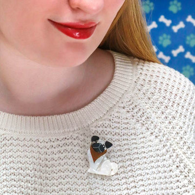 Adoring Polly Pug Dog Mini Brooch on model by Erstwilder from their Dog Mini Collection