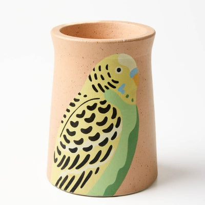 Ceramic vase with painted green budgie by Jones and Co, Stockist at Zebra Finch in Newcastle, NSW