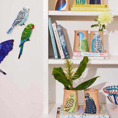 Ceramic vase with painted green budgie by Jones and Co, Stockist at Zebra Finch in Newcastle, NSW