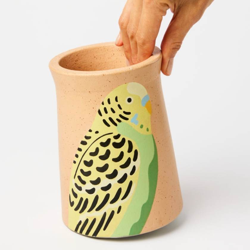 Ceramic vase with painted green budgie by Jones and Co, Stockist at Zebra Finch in Newcastle, NSW