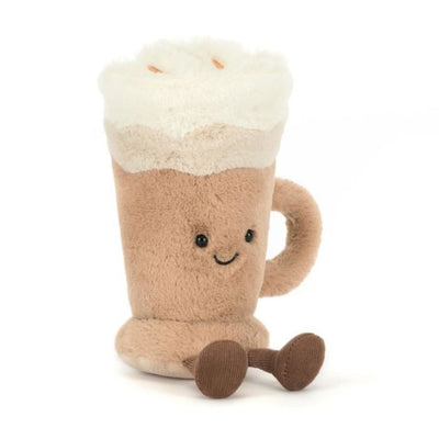 Plush toy resembling a latte mug with a smiling face on a white background by Jellycat