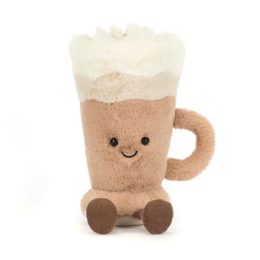 Plush toy resembling a latte mug with a smiling face on a white background by Jellycat