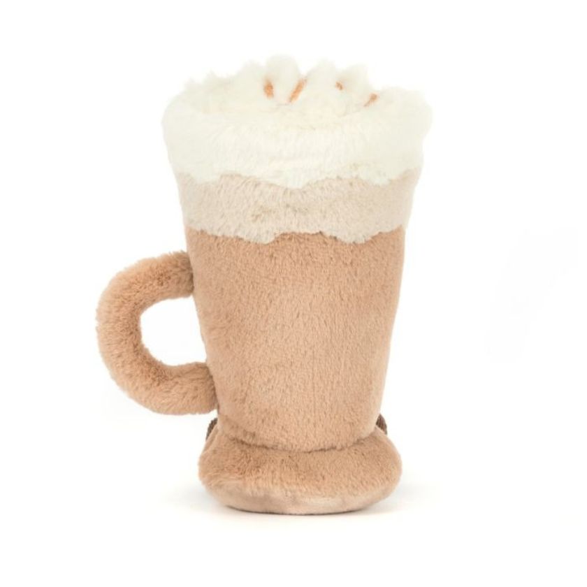 Plush toy resembling a latte mug with a smiling face on a white background by Jellycat