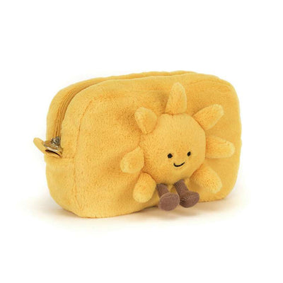 Yellow plush sun-shaped pouch with a smiling sun face on a white background. Amuseables Sun Pouch by Jellycat, Stockist at Newcastle, NSW at Zebra Finch