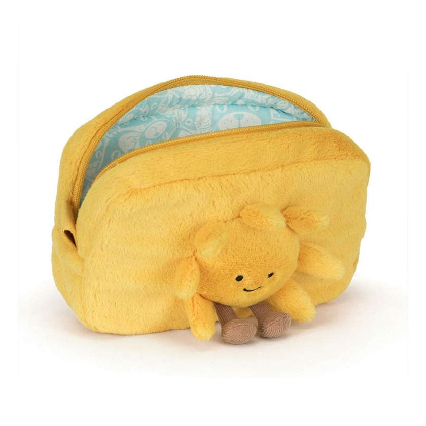 Yellow plush toy with a smiling face inside a matching yellow pouch on a white background. Yellow plush sun-shaped pouch with a smiling sun face on a white background. Amuseables Sun Pouch by Jellycat, Stockist at Newcastle, NSW at Zebra Finch