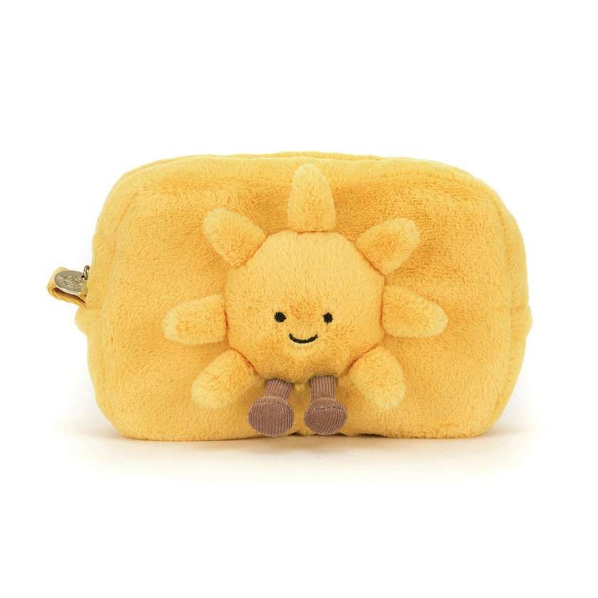 Yellow plush sun-shaped pouch with a smiling face on a white background. Yellow plush sun-shaped pouch with a smiling sun face on a white background. Amuseables Sun Pouch by Jellycat, Stockist at Newcastle, NSW at Zebra Finch