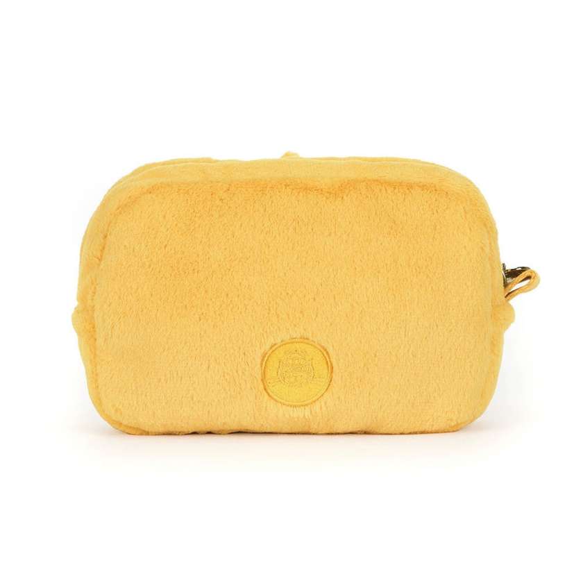 Yellow pouch with a gold zipper on a white background. Yellow plush sun-shaped pouch with a smiling sun face on a white background. Amuseables Sun Pouch by Jellycat, Stockist at Newcastle, NSW at Zebra Finch