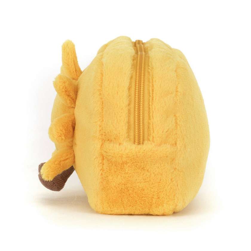 Yellow plush toy with a zipper on a white background. Yellow plush sun-shaped pouch with a smiling sun face on a white background. Amuseables Sun Pouch by Jellycat, Stockist at Newcastle, NSW at Zebra Finch