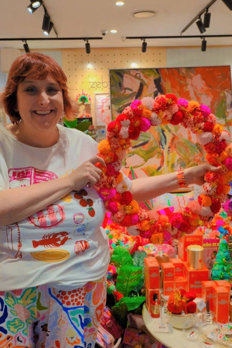 Colourful pink and orange pom pom wreath by Arissa Lifestyle available at Zebra Finch Style in Newcastle, NSW