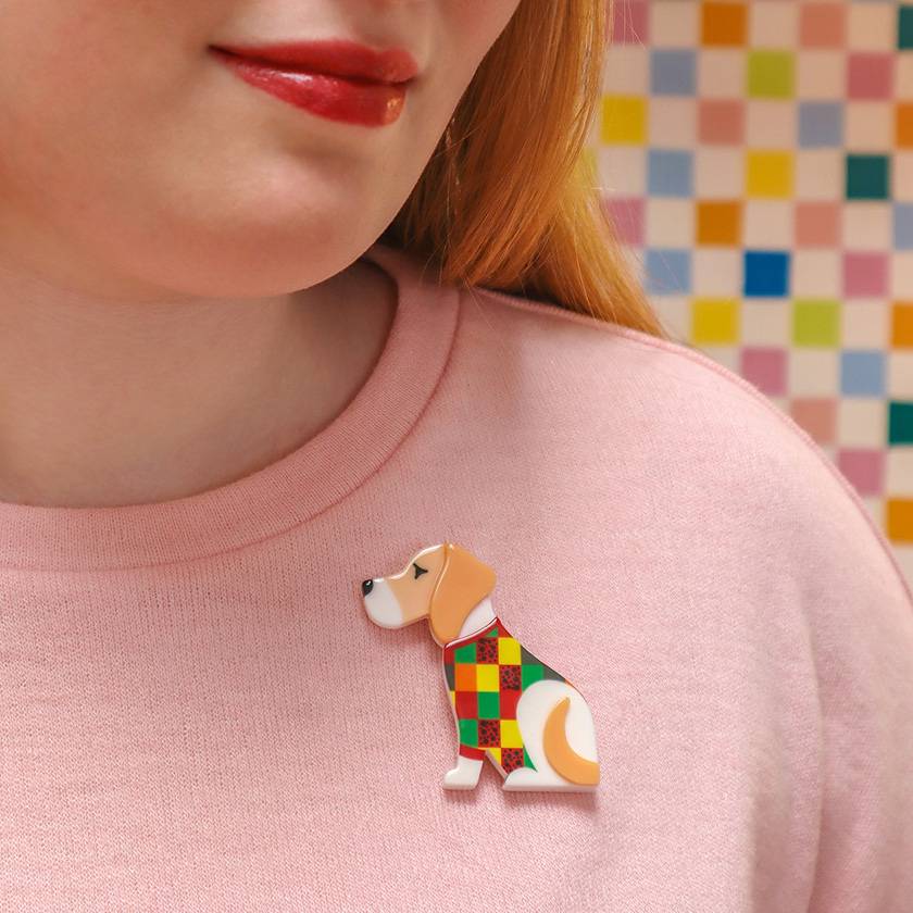 Beatrice Beagle resin brooch on model by Erstwilder from their 2024 Fan Favourite collection