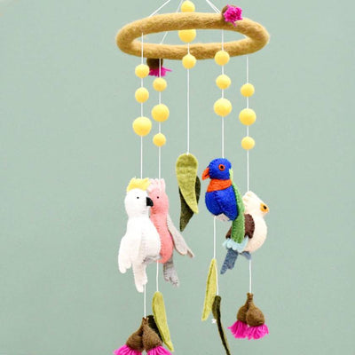 Australian Birds Round Mobile by Tara Treasures for a baby nursery, made from 100% New Zealand wool, made ethically in Nepal - Fair Trade