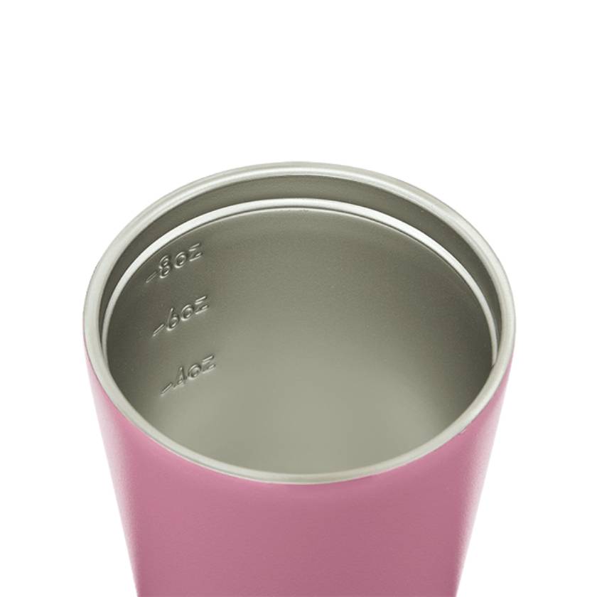 Made by Fressko Double walled insulated coffee cups with screw on lid. No spill coffee cup in bubblegum colour