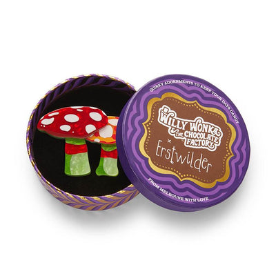 Candy mushrooms brooch by Erstwilder from their December 2024 Willy Wonka and The Chocolate Factory collection in gift box