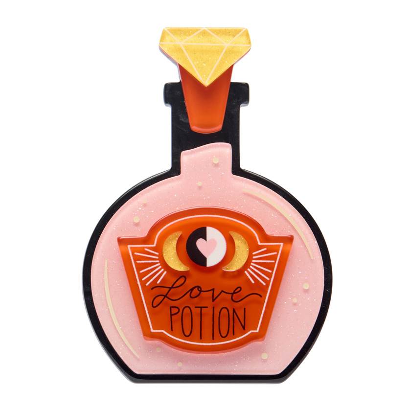 Pink 'Love Potion' bottle charm with a diamond on a white background by Erstwilder from their 2025 Haunted at Heart Collection | Erstwilder Stockist in Newcastle, NSW at Zebra Finch