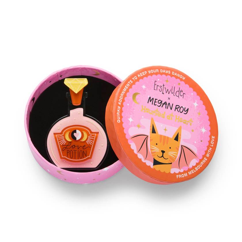 Pink 'Love Potion' bottle charm with a diamond on a white background by Erstwilder from their 2025 Haunted at Heart Collection | Erstwilder Stockist in Newcastle, NSW at Zebra Finch