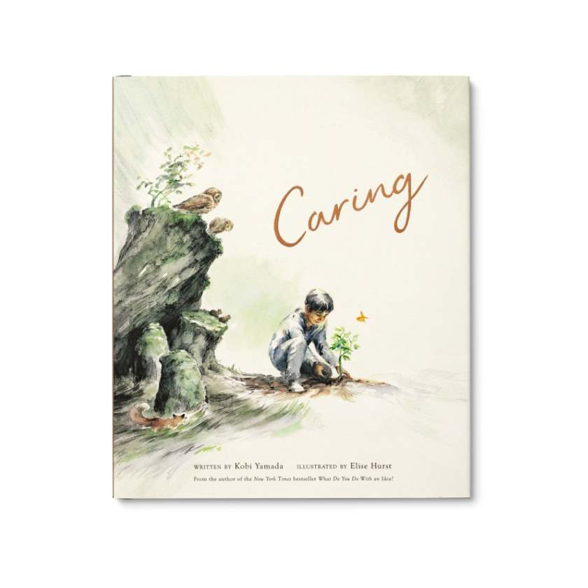 Book cover of 'Caring' with a child and owl illustration on a white background