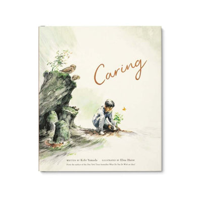 Book cover of 'Caring' with a child and owl illustration on a white background