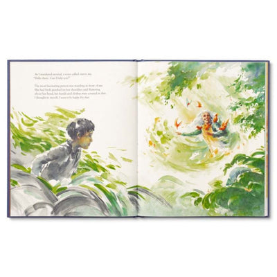 Open book with illustrations of a boy and a monkey in a jungle setting