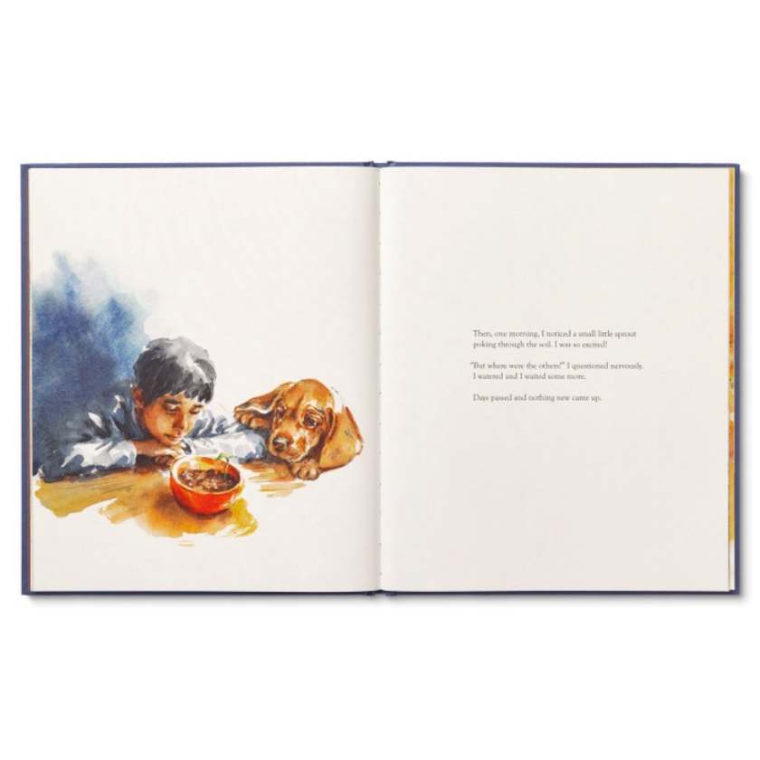 Open book with illustration of a boy and dog at a table, looking into a bowl.