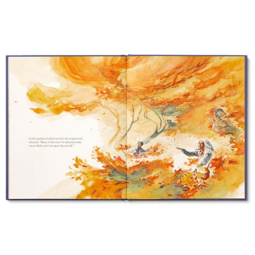 Open book with a colorful illustration of people in a desert landscape.