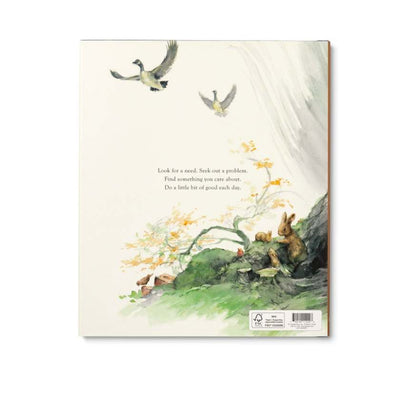 Illustrated book cover with a rabbit, birds, and nature elements on a white background