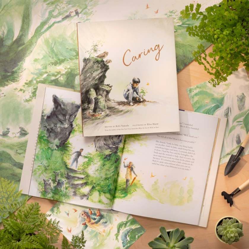 Illustrated book with nature-themed illustrations on a green background