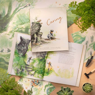 Illustrated book with nature-themed illustrations on a green background