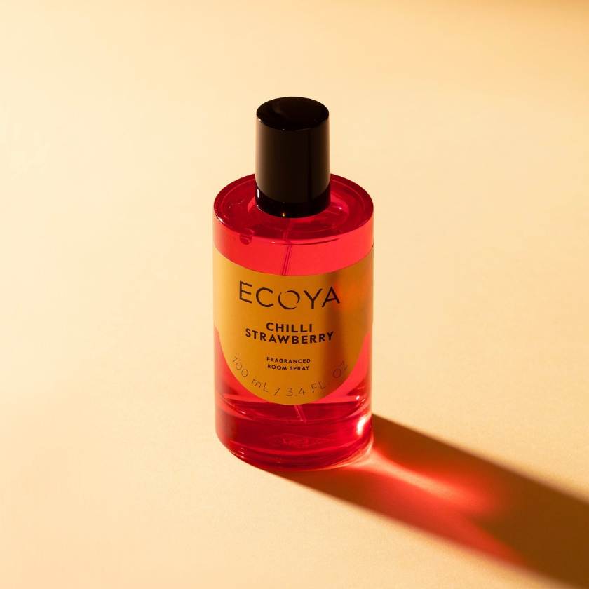 Ecoya Chilli Strawberry room spray bottle on a beige background